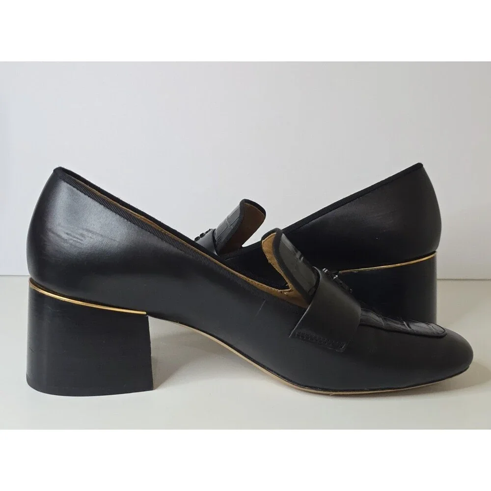 Tory Burch Everly Block Heel Loafers Womens 10 Black Leather Croc Embossed Logo
